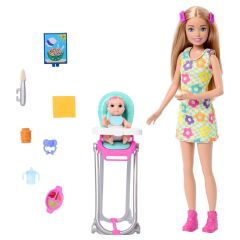 Barbie Bebek Bakıcılığı Oyun Seti FHY97 - Sarışın Çiçekli Elbiseli HTK35
