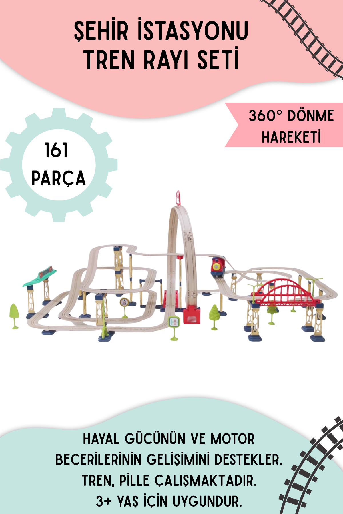 Şehir İstasyonu 161 Parça Demiryolu - 360° Dönme Hareketi & Pilli Tren