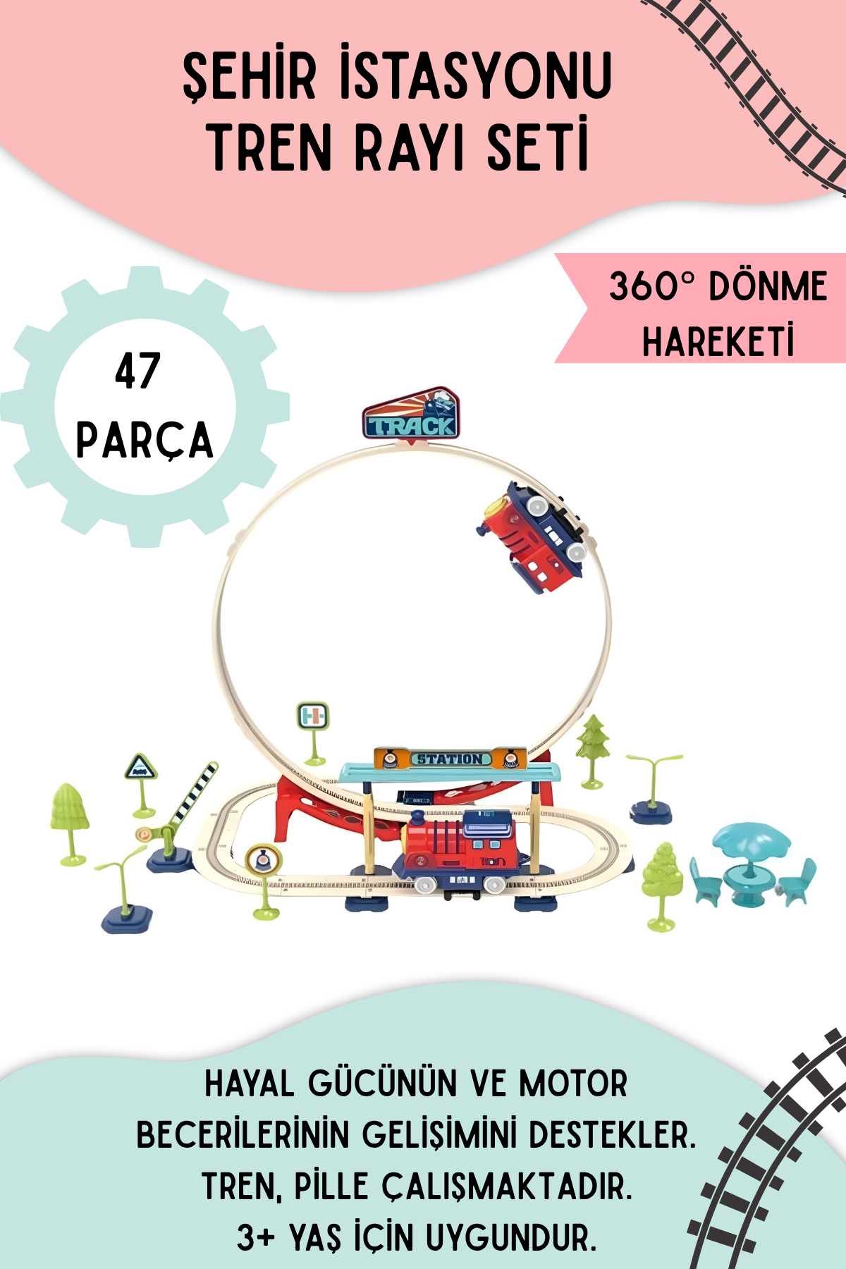 Şehir İstasyonu 47 parça Demiryolu - 360° Dönme Hareketi & Pilli Tren