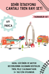 Şehir İstasyonu 69 parça Demiryolu Çantalı Set - 360° Dönme Hareketi & Pilli Tren