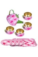 Çiçekli Oyuncak Çay Partisi Seti - 15 Parça, Metal Çay Seti