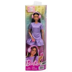 Barbie Mor Çizgili Elbiseli Otizm Fashionistas Bebeği JJN58