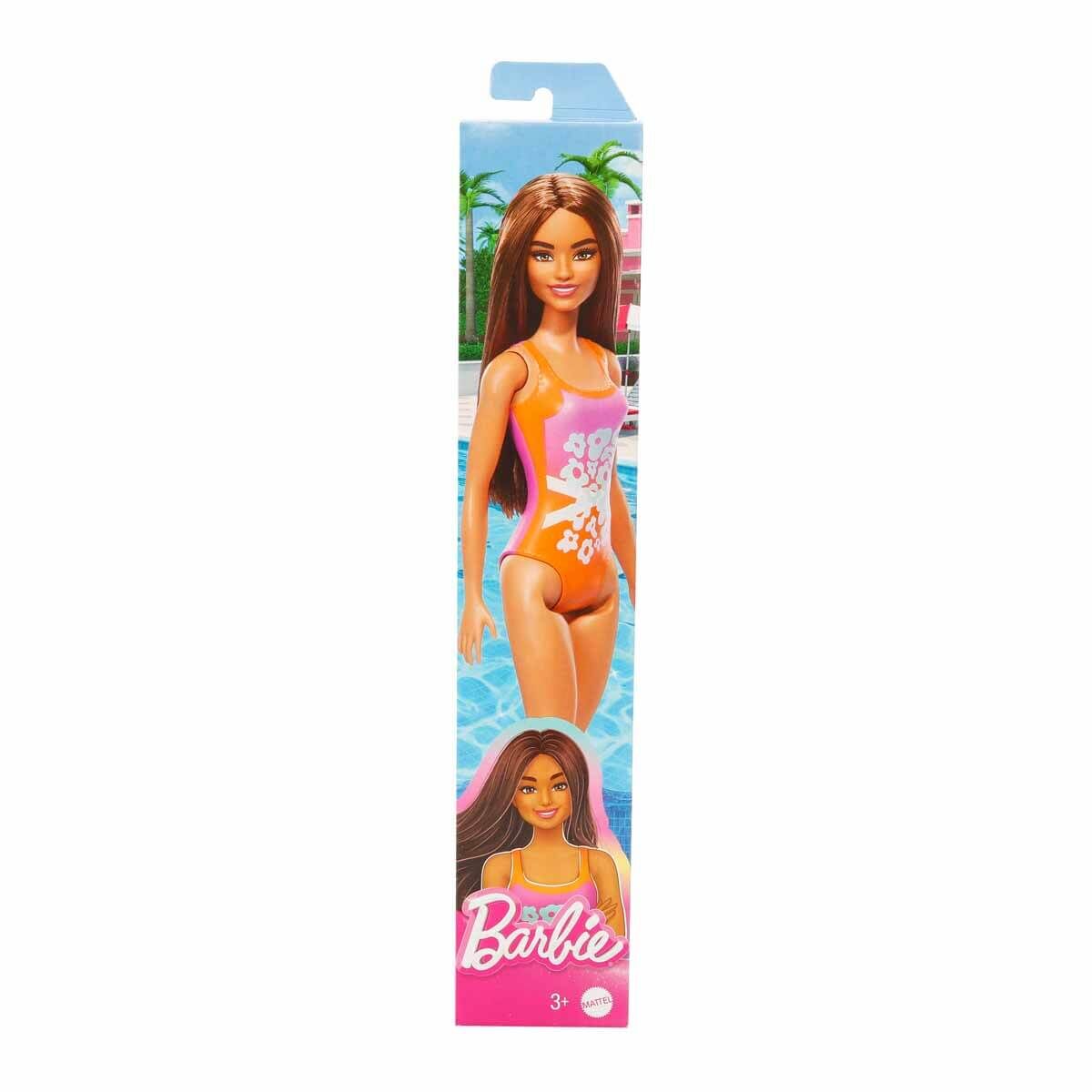 Barbie Plajda Bebekleri -Esmer Turuncu Çiçekli Mayolu- DWJ99