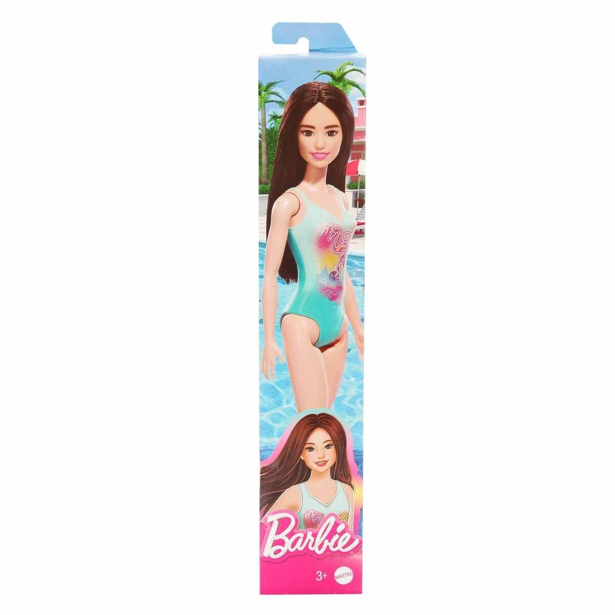 Barbie Plajda Bebekleri -Kumral Yeşil Flamingo Mayolu-  DWJ99