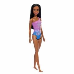Barbie Plajda Bebekleri -Siyahi Mor Çiçekli Mayolu-  DWJ99