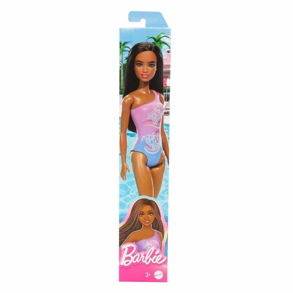 Barbie Plajda Bebekleri -Siyahi Mor Çiçekli Mayolu-  DWJ99