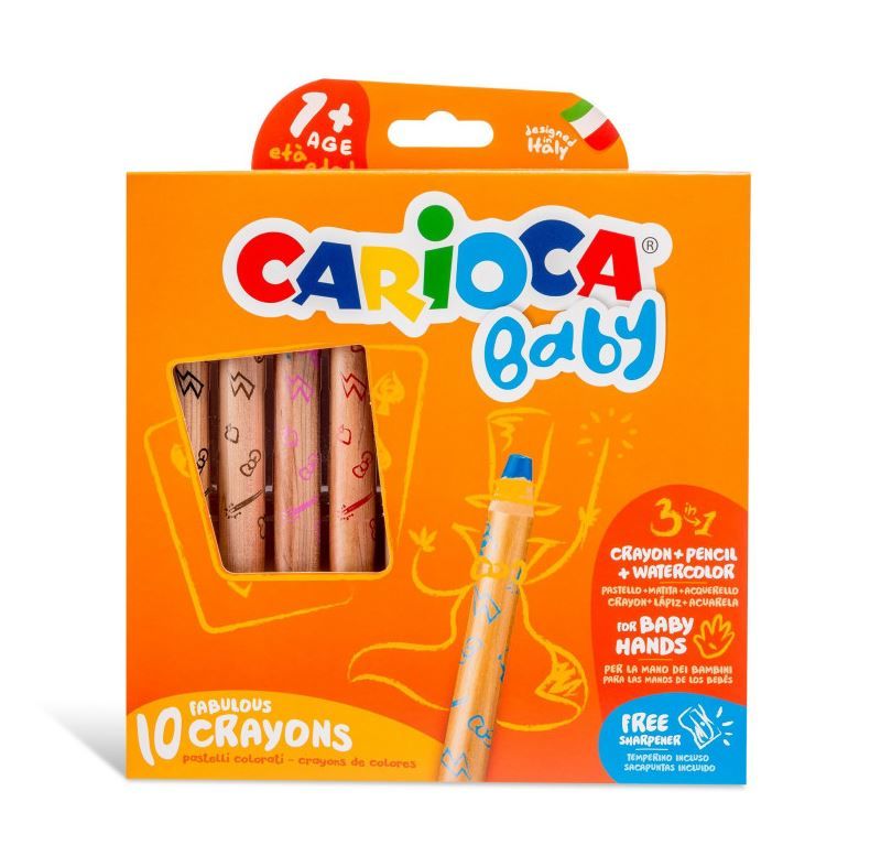 CARİOCA® Jumbo Bebek ''3 in 1'' Ahşap Gövdeli Boya Kalemi 10'lu (Kalemtıraş Hediyeli) 1+ Yaş