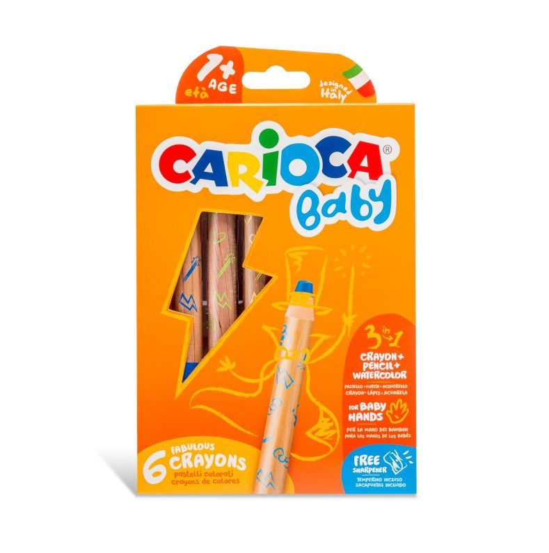 CARİOCA® Jumbo Bebek ''3 in 1'' Ahşap Gövdeli Boya Kalemi 6'lı (Kalemtıraş Hediyeli) 1+ Yaş