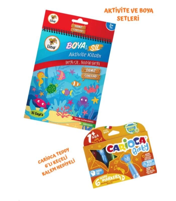 Lino Boya Sil Aktivite Boyama Kitabı Deniz Canlıları ve Carioca Teddy 6'lı Keçeli Kalem Seti