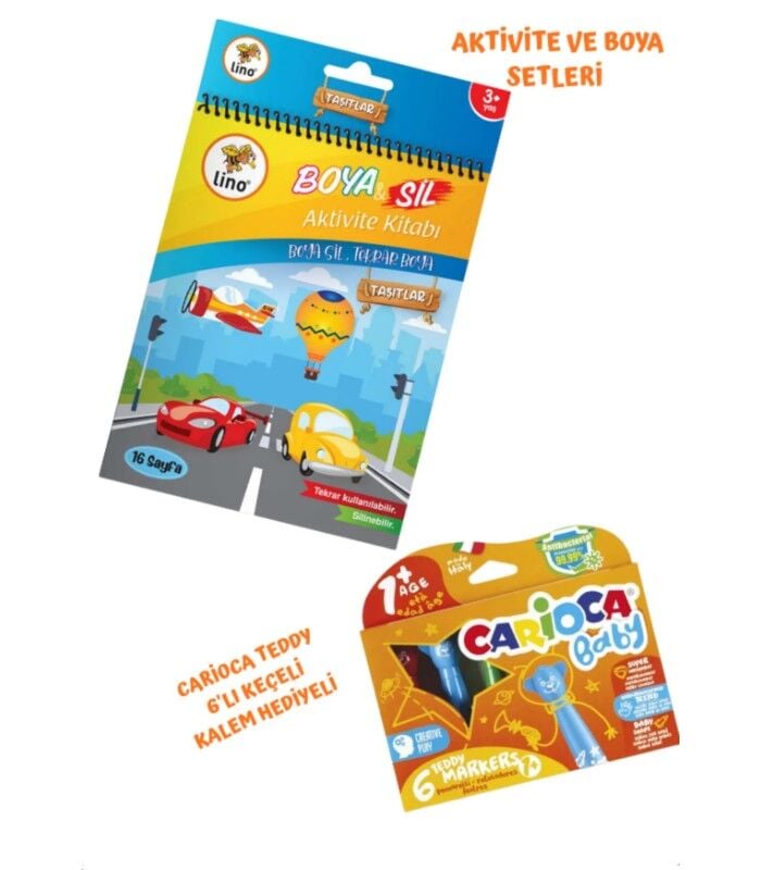 Lino Boya Sil Aktivite Boyama Kitabı Taşıtlar ve Carioca Teddy 6'lı Keçeli Kalem Seti