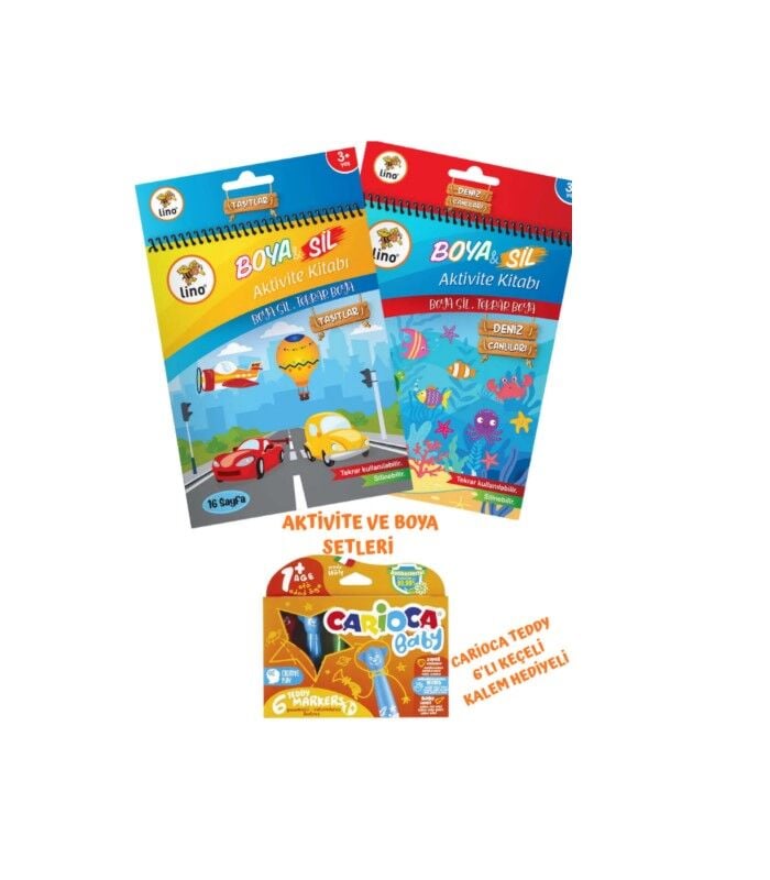 Lino Boya Sil Aktivite Boyama Kitabı Taşıtlar, Lino Boya Sil Aktivite Boyama Kitabı Deniz Canlıları, Carioca Teddy 6'lı Keçeli Kalem Seti