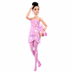 Barbie Deluxe Style Topuz Saçlı Bebek JJN71 - Yıldız Desenli Elbiseli