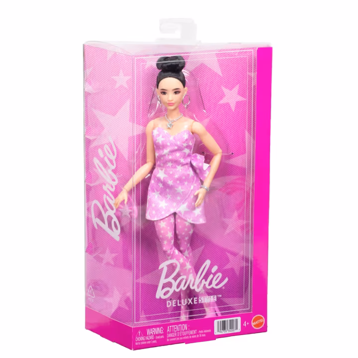Barbie Deluxe Style Topuz Saçlı Bebek JJN71 - Yıldız Desenli Elbiseli